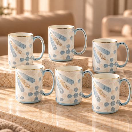 Amal - Bundle of 6 Coffee Mugs (350 ml)- Blue & Gold