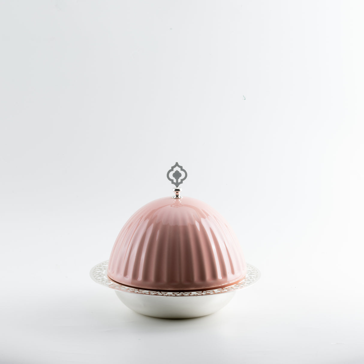 Exclusive - Medium Serving Platter with Porcelain Dome- Pink & Silver