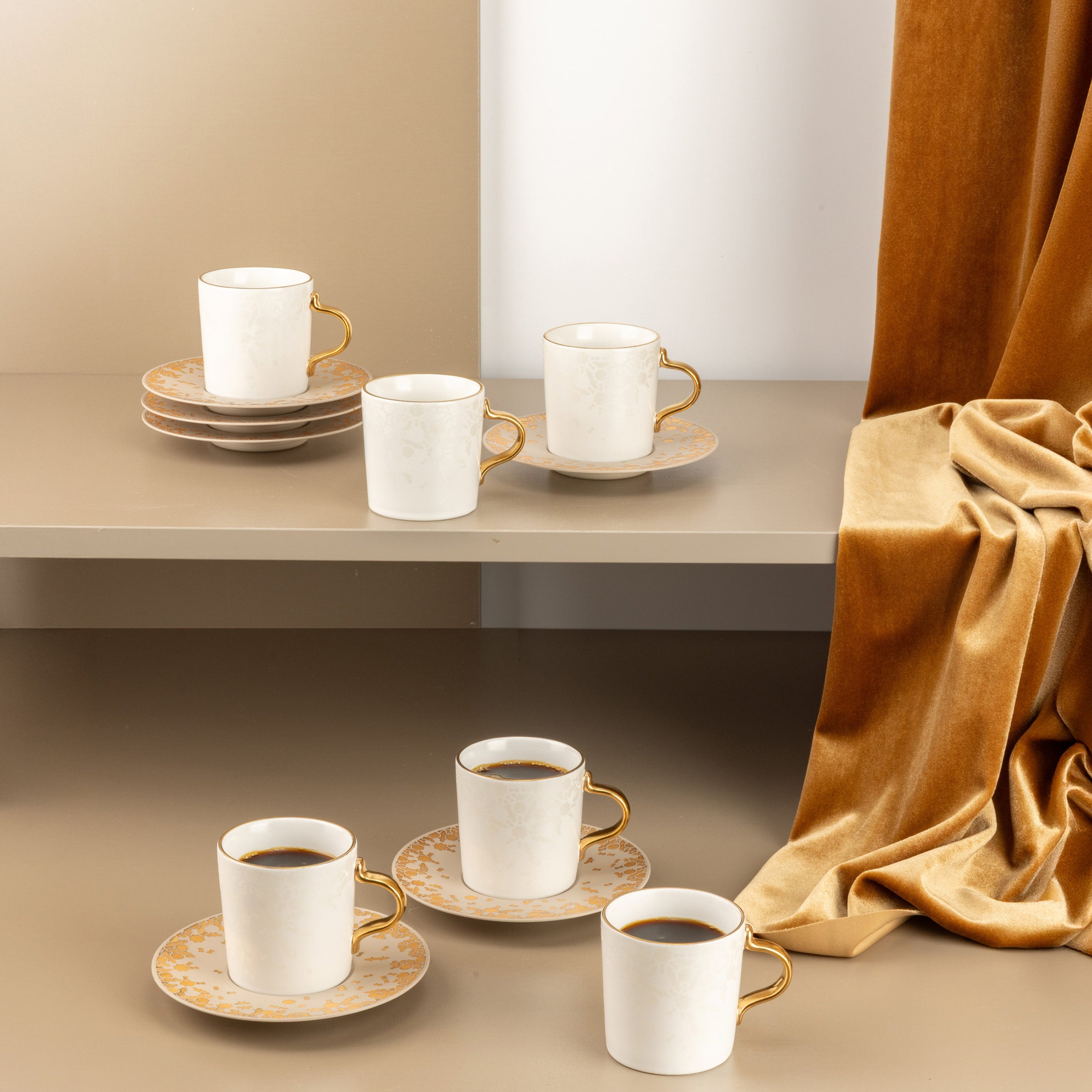 Nourhan - Espresso/Turkish Coffee Set (12-Pc) - Gold & Beige