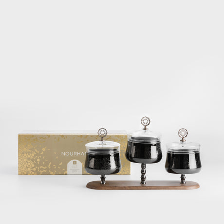 Nourhan - Triple Bowl Serving Set - Black Walnut