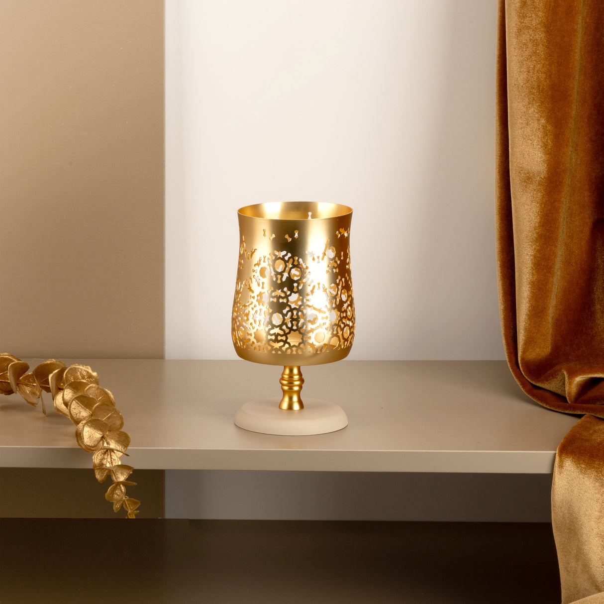 Nourhan - Medium Candle  Holder - Gold & Beige