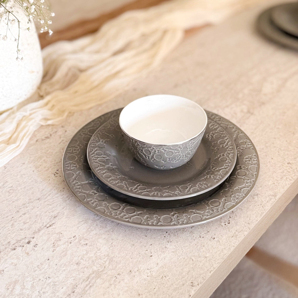 Nourhan - Dinner Set (18-Pc) - Soft Sage & Silver