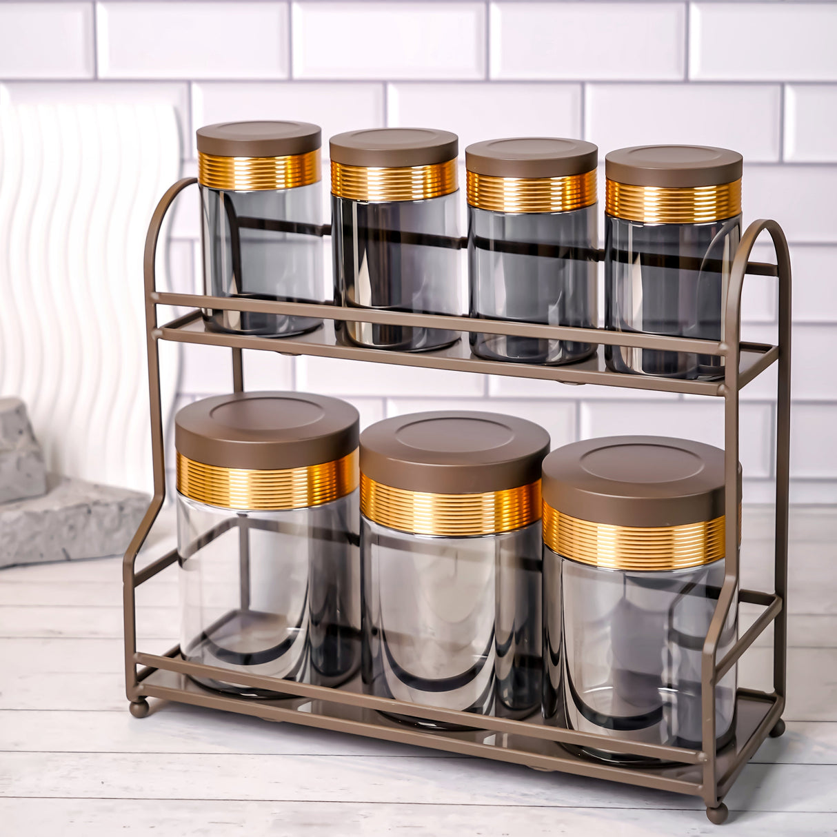 Luxury Majlis - 6 Jar Spice with 2 Tier Rack - Brown & Gold