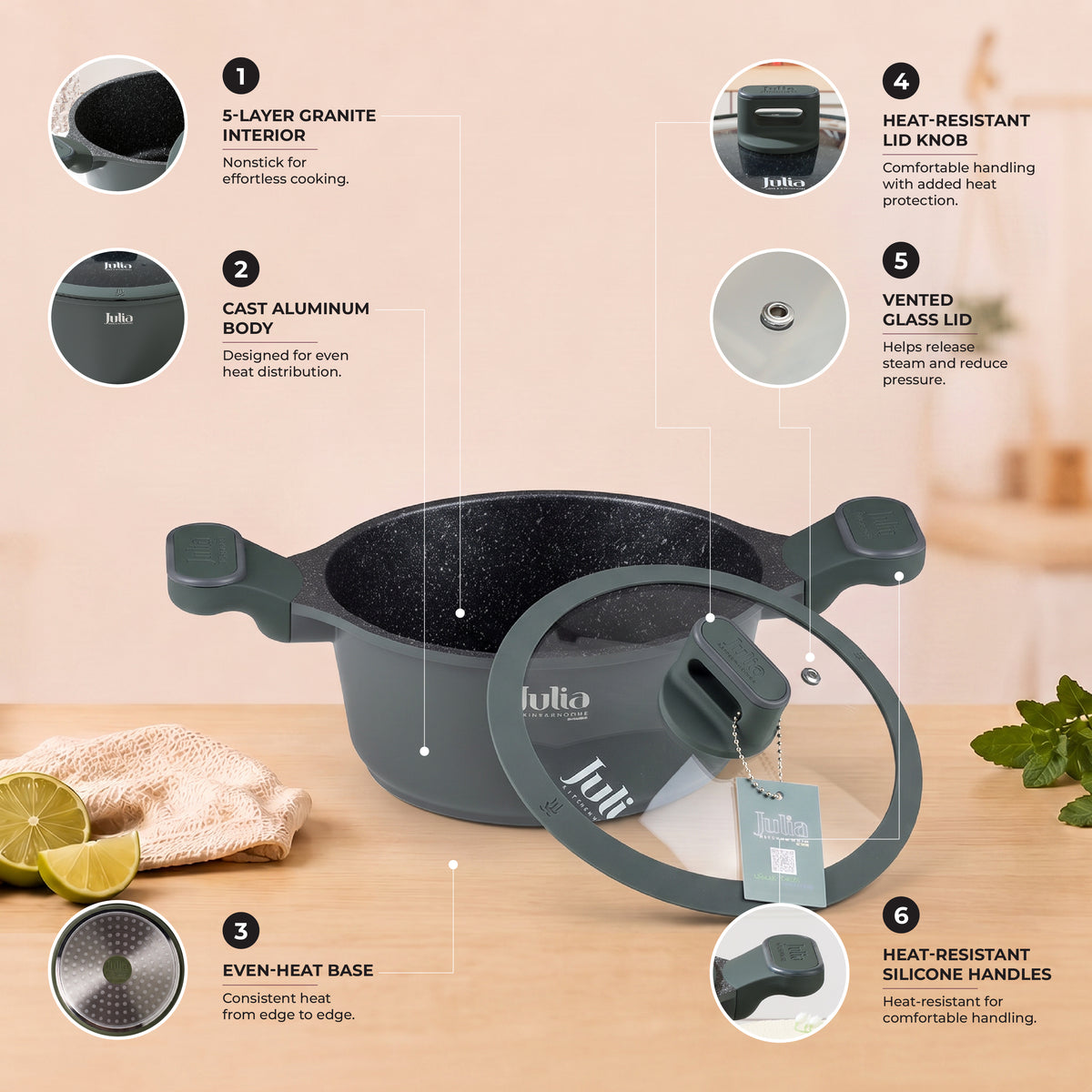 Julia Elite Pro 8" Nonstick Cooking Pot with Lid – Green