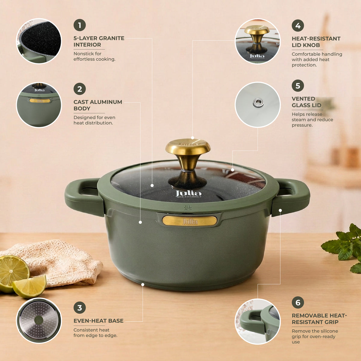 Julia Elite Top 8" Nonstick Cooking Pot with Lid – Green