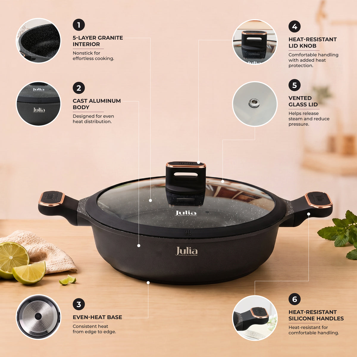 Julia Elite Pro Plus 12.5" Nonstick Shallow Cooking Pot with Lid – Black