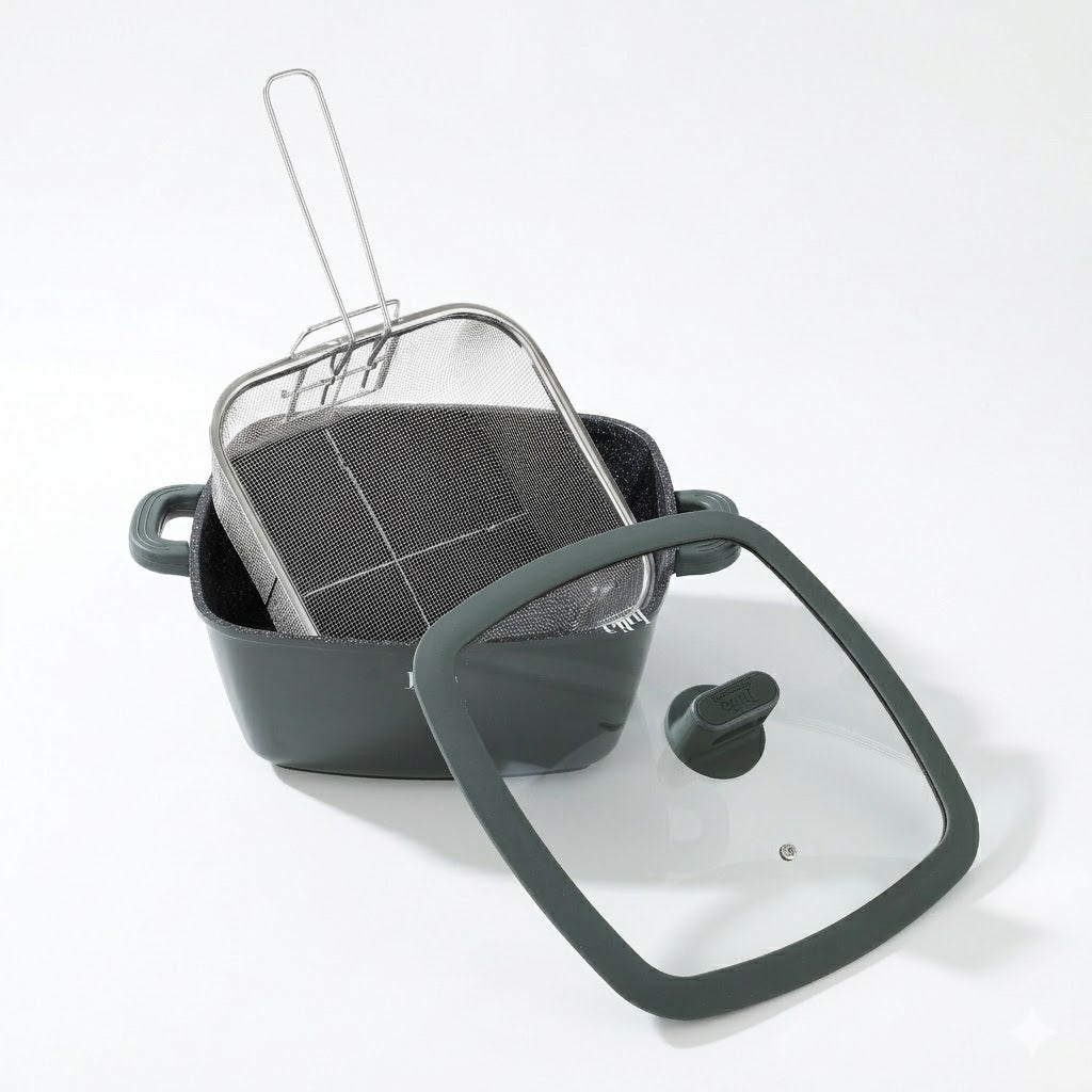 Julia Elite Pro 11" Nonstick Square Cooking Pot with Fry Basket & Lid – Green