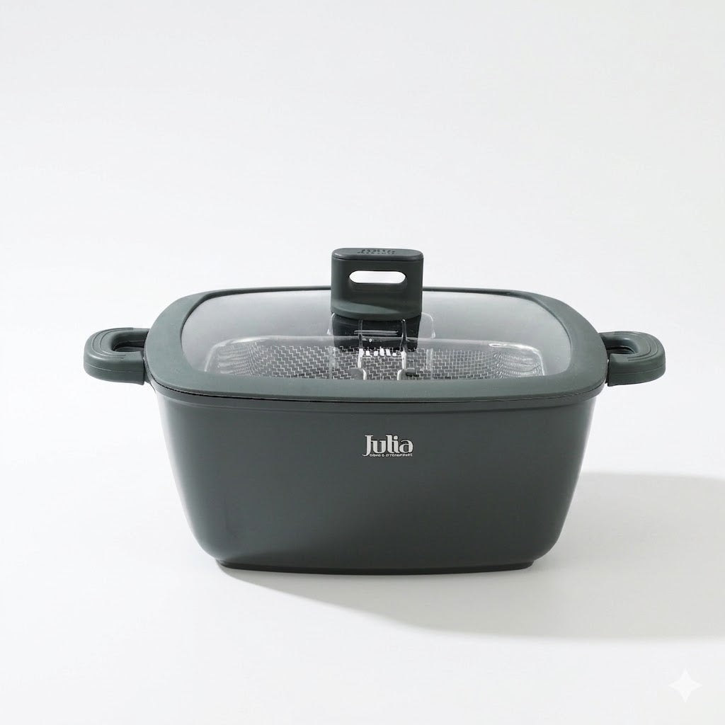 Julia Elite Pro 11" Nonstick Square Cooking Pot with Fry Basket & Lid – Green