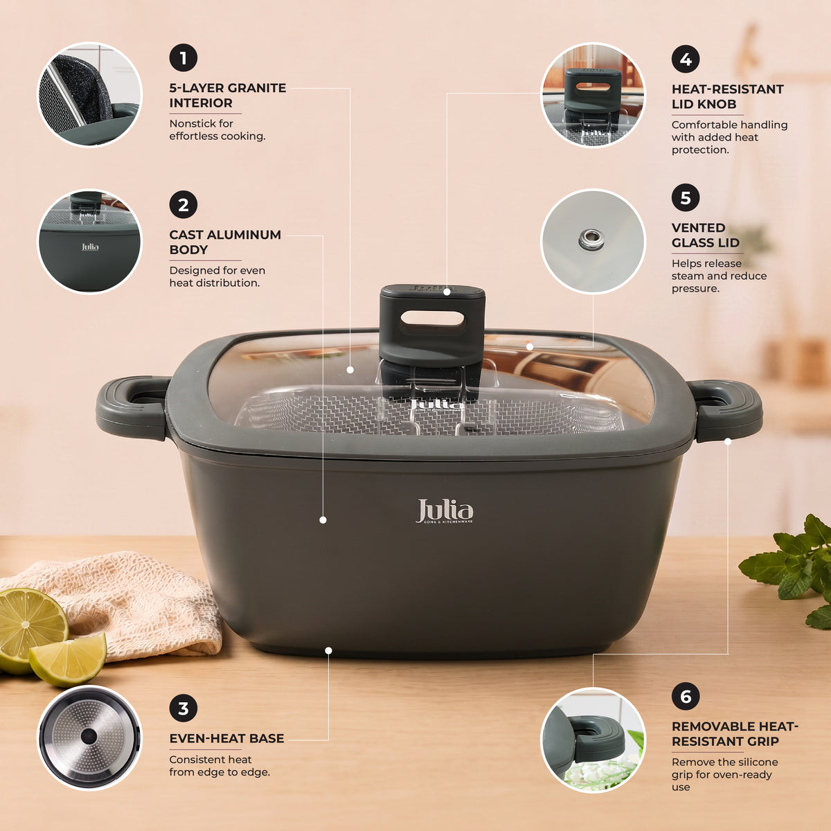 Julia Elite Pro 11" Nonstick Square Cooking Pot with Fry Basket & Lid – Green