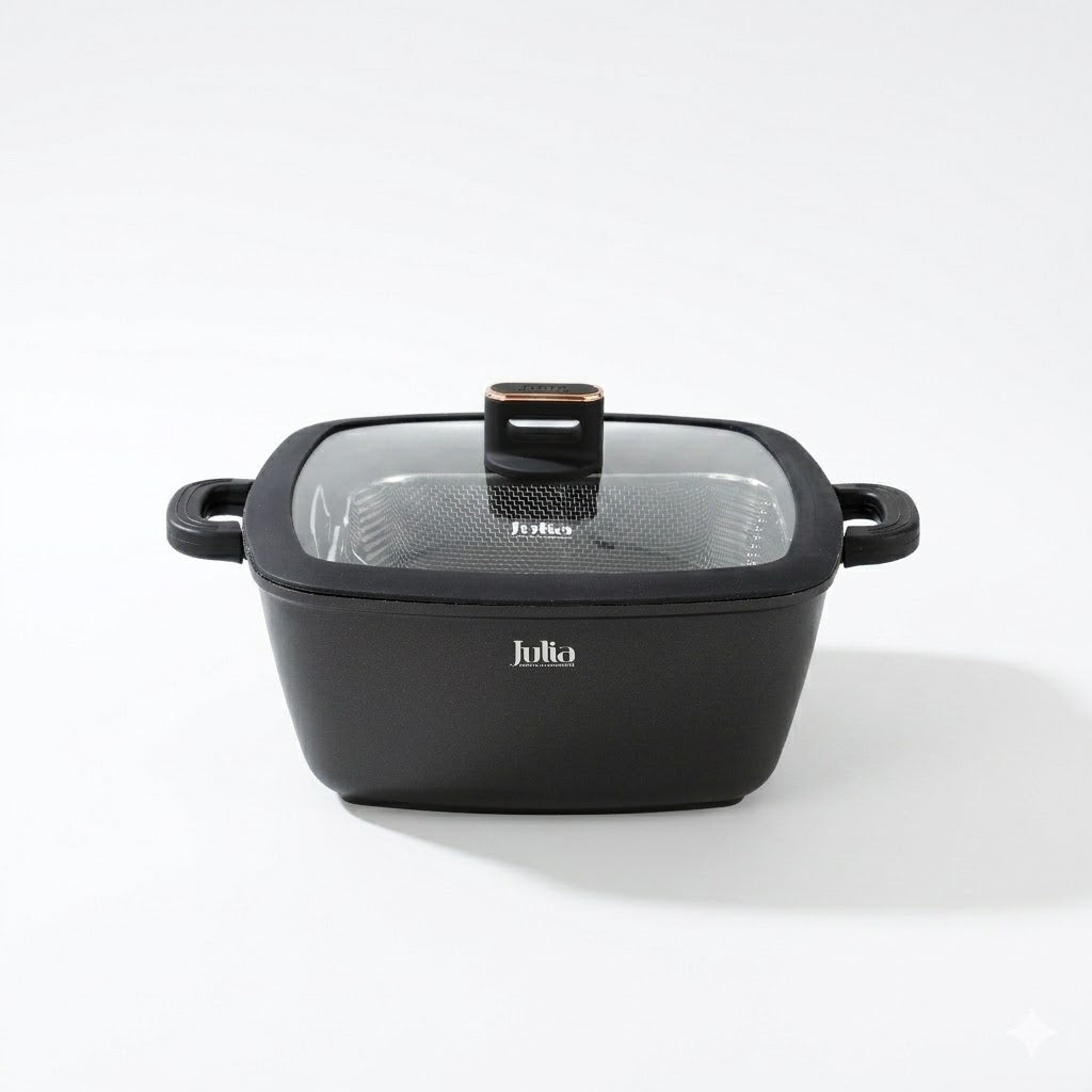 Julia Elite Pro Plus 11" Nonstick Square Cooking Pot with Fry Basket & Lid – Black