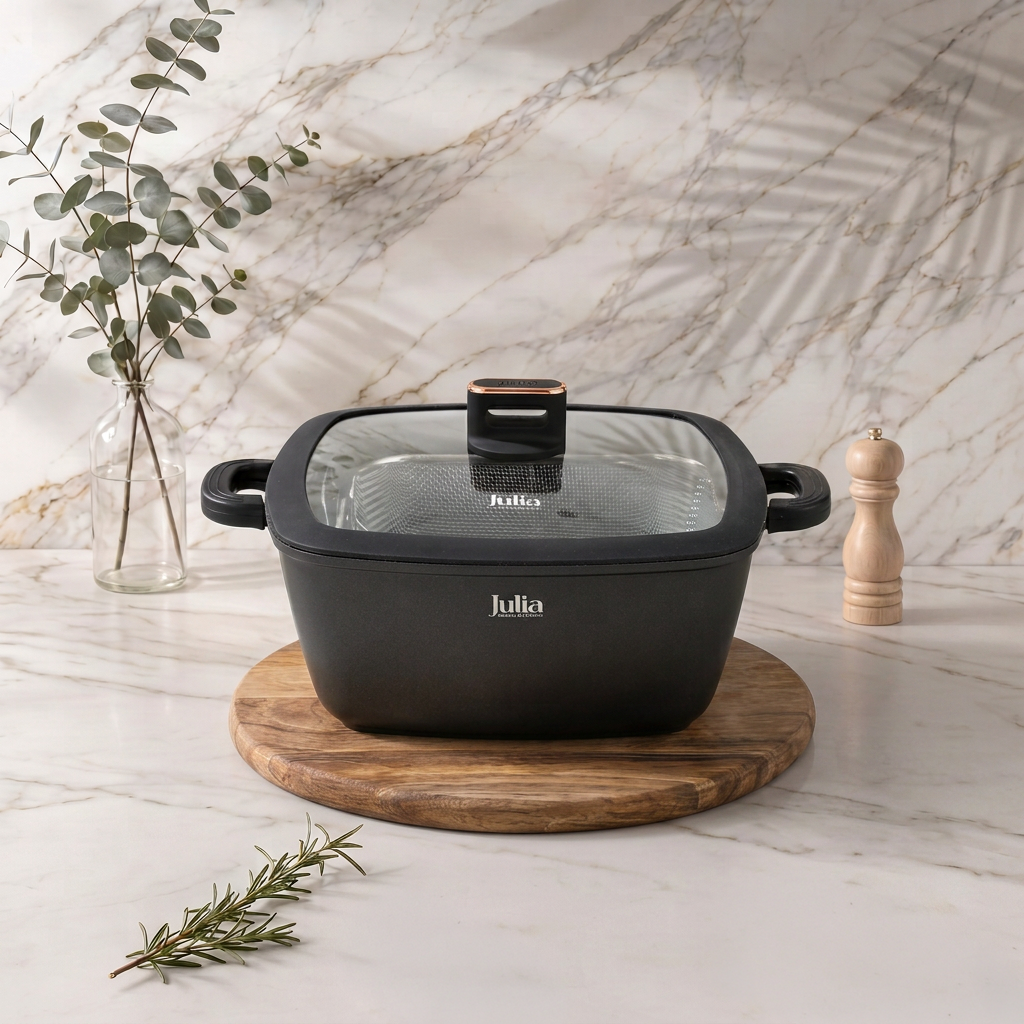 Julia Elite Pro 11" Nonstick Square Cooking Pot with Fry Basket & Lid – Black