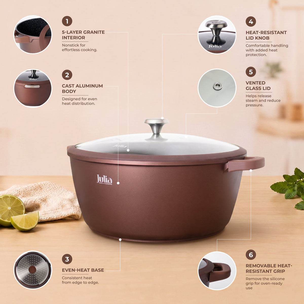 Julia Elite Mocha 14" Nonstick Cooking Pot with Lid – Mocha