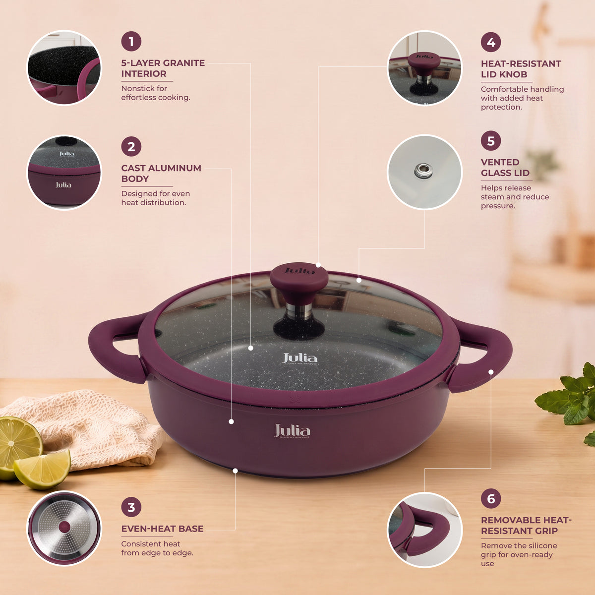 Julia Elite Velvet Berry 11" Nonstick Shallow Cooking Pot with Lid – Velvet Berry