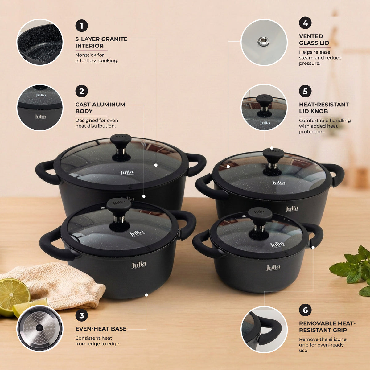 Julia Elite Onyx 8-Piece Nonstick Cookware Set – Onyx Black