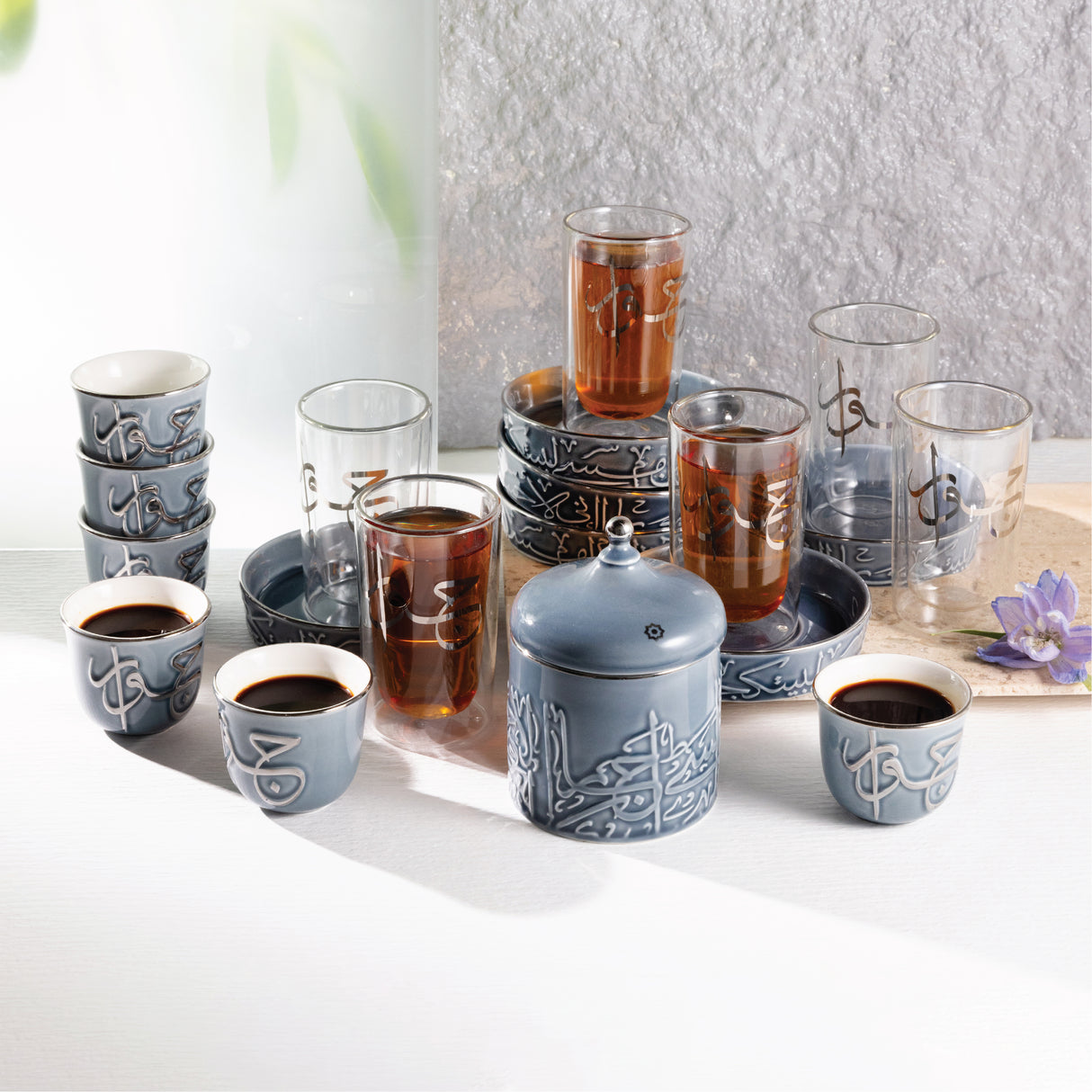 Jiwar - Tea Set (19-Pc) - Haze Blue & Silver