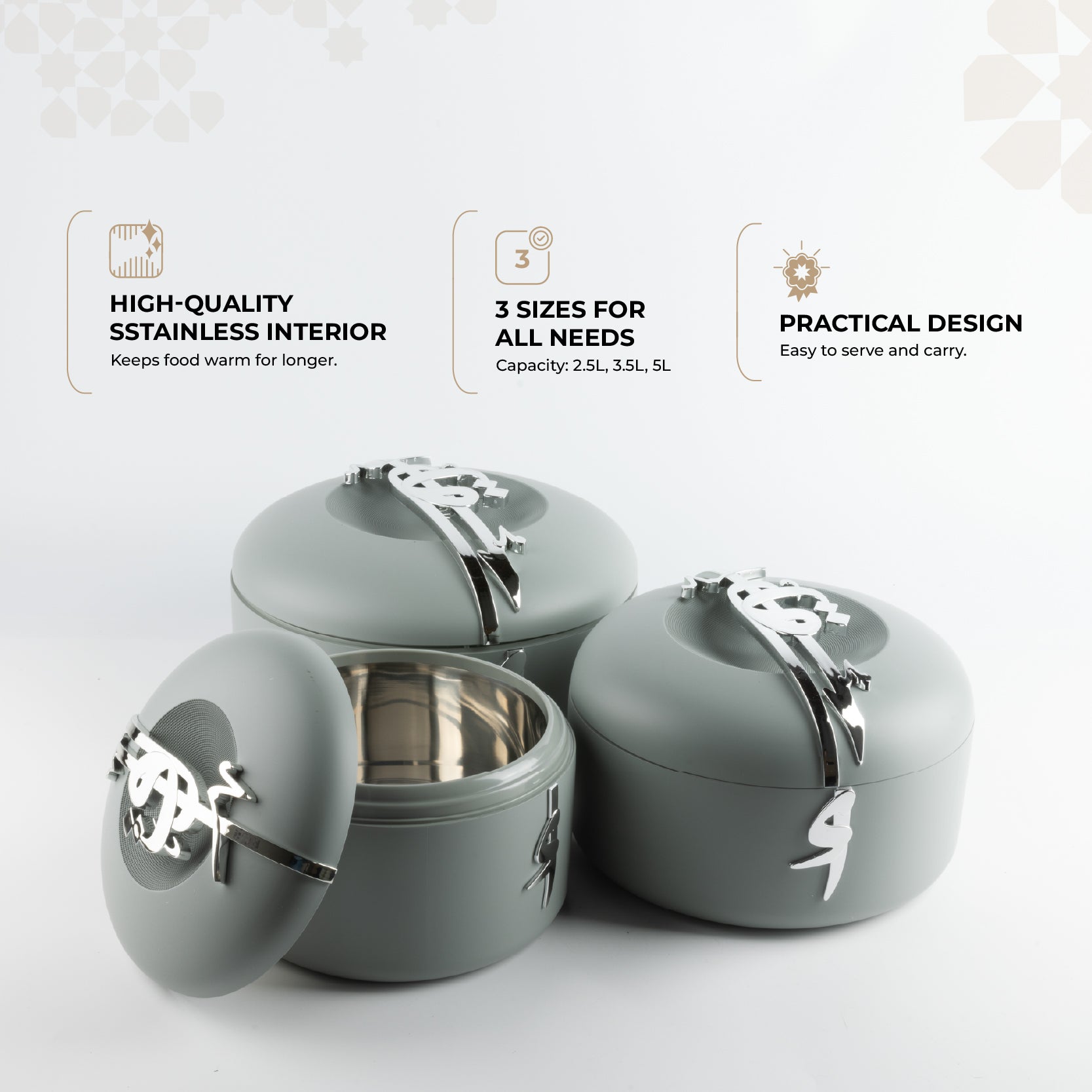 Liqa'a - Food Thermos/ Warm Serv (Set of 3) - Grey & Silver