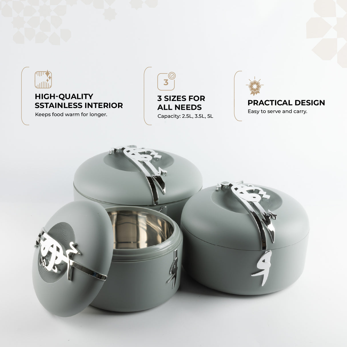 Liqa'a - Food Thermos/ Warm Serv (Set of 3) - Grey & Silver
