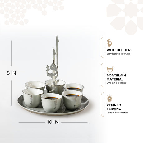 Liqa'a -Arabic Coffee Cups With Holder - Grey & Silver