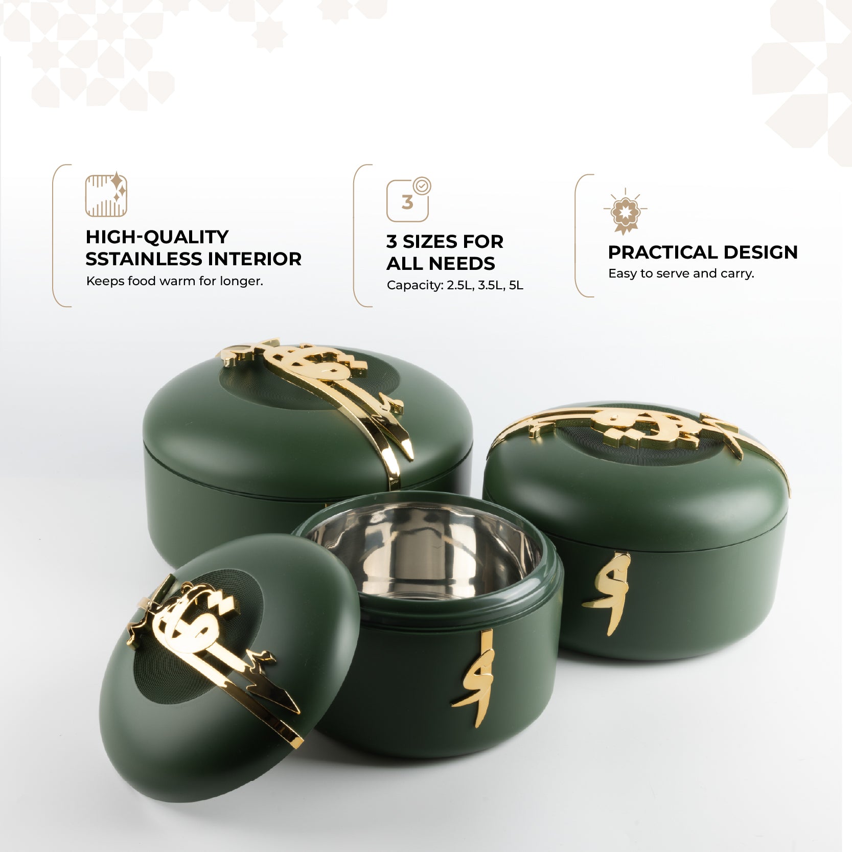 Liqa'a - Food Thermos/ Warm Serv (Set of 3) - Olive Green & Gold