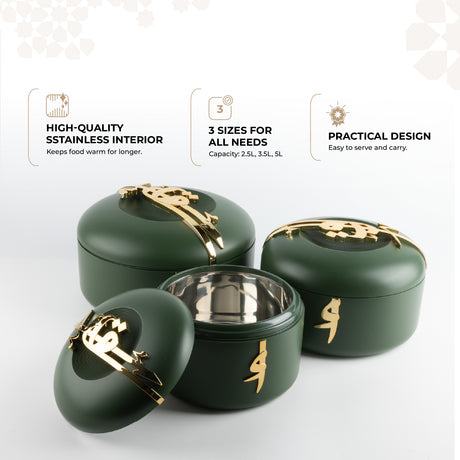 Liqa'a - Food Thermos/ Warm Serv (Set of 3) - Olive Green  & Gold