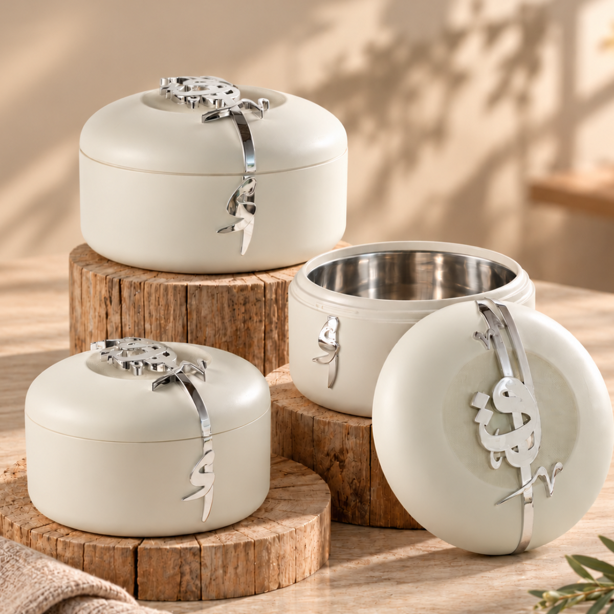 Liqa'a - Food Thermos/ Warm Serv (Set of 3) - Pearl White & Silver