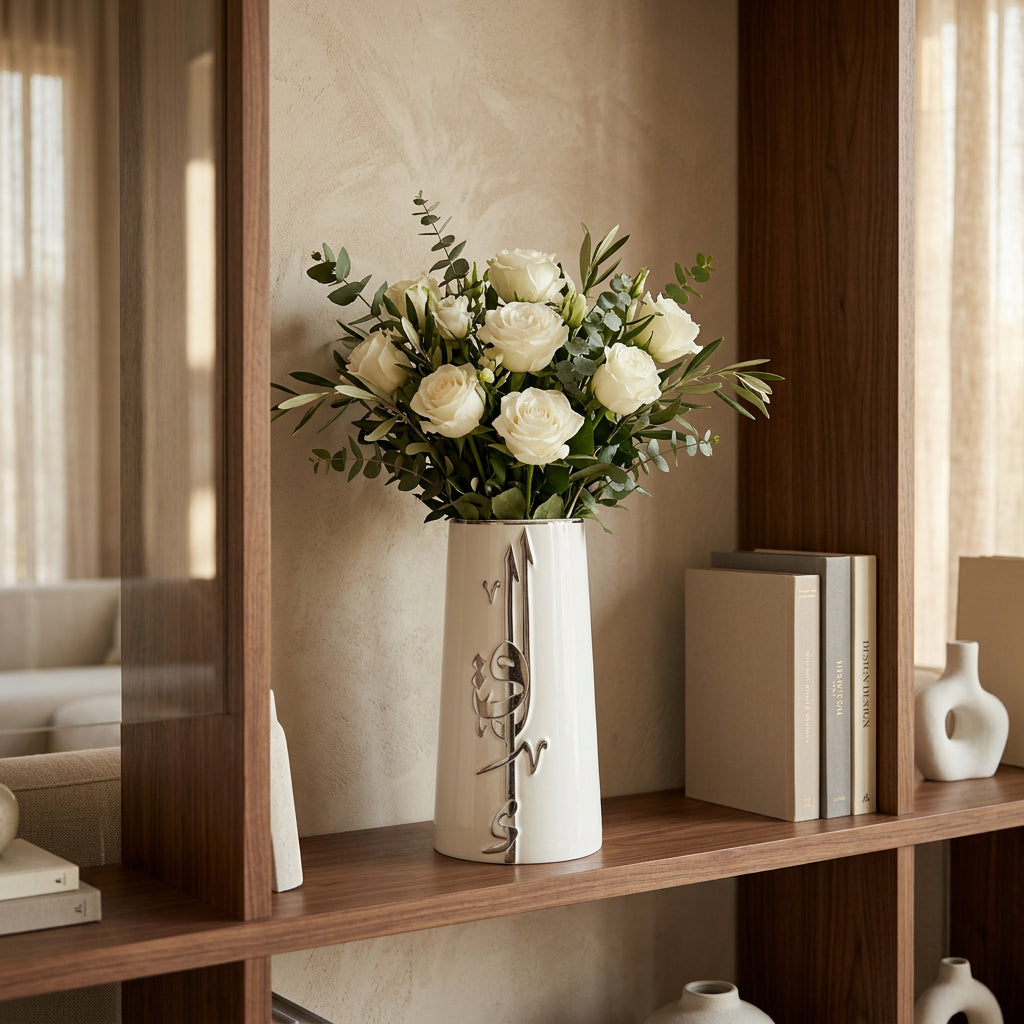 Liqa'a - Large Decorative Vase - Pearl White & Silver