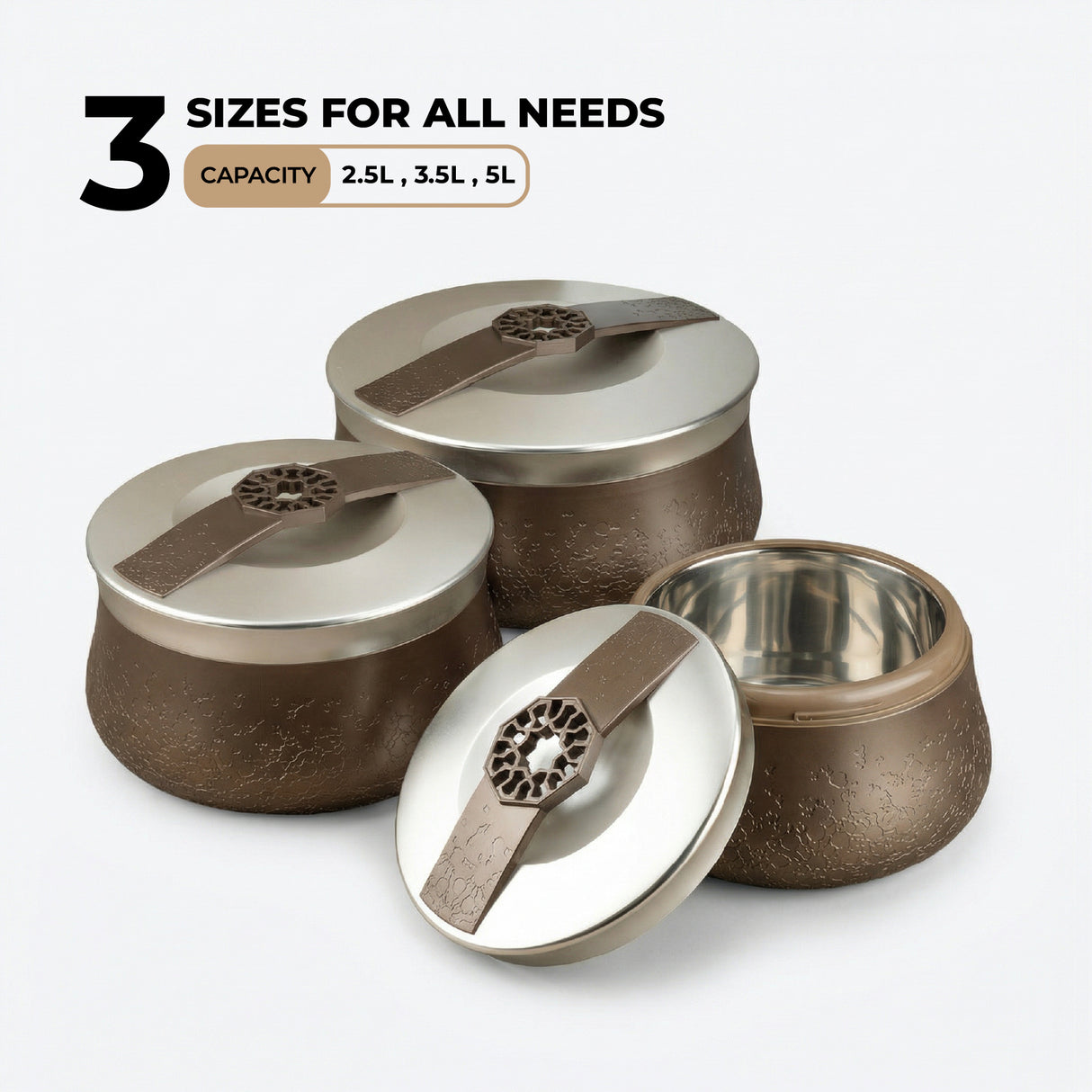 Nourhan - Food Thermos/ Warm Serv (Set of 3) - Bronze & Silver