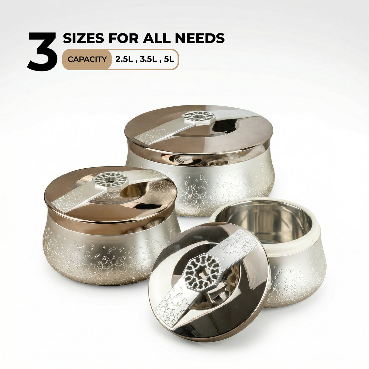 Nourhan - Food Thermos/ Warm Serv (Set of 3) - Silver