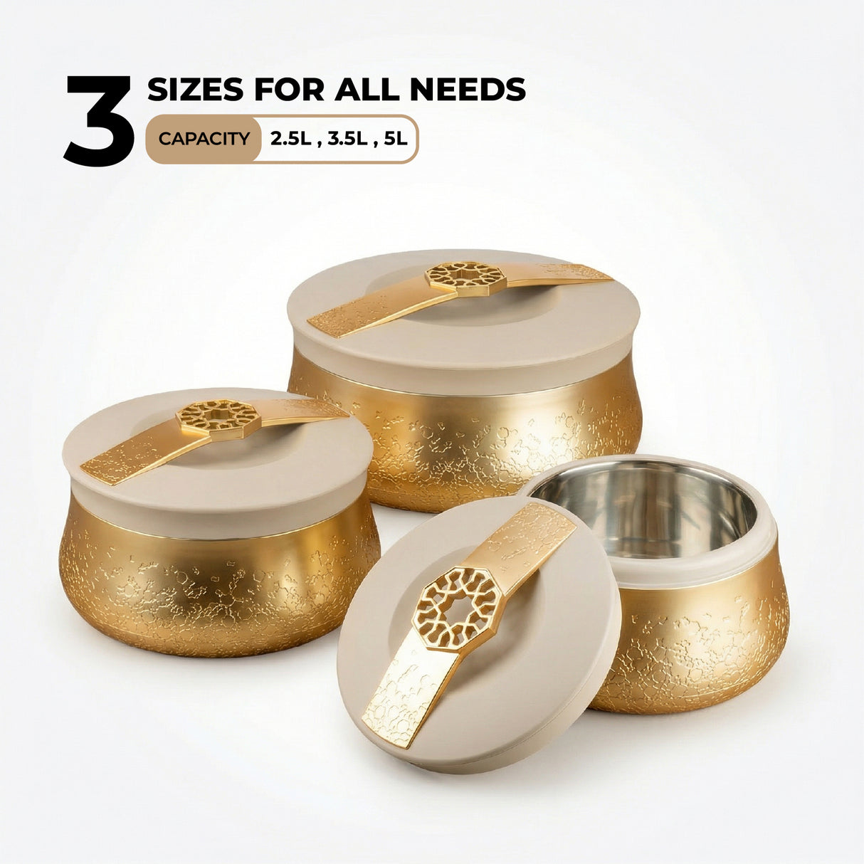 Nourhan - Food Thermos/ Warm Serv (Set of 3) - Gold & Beige