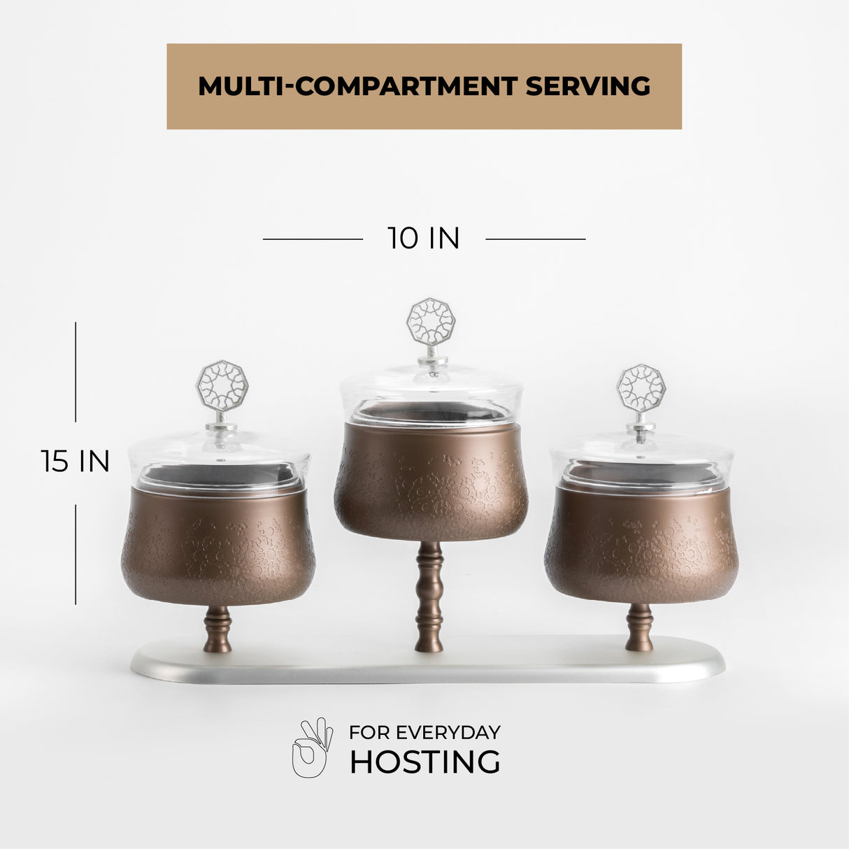 Nourhan - Triple Bowl Serving Set - Bronze & Silver