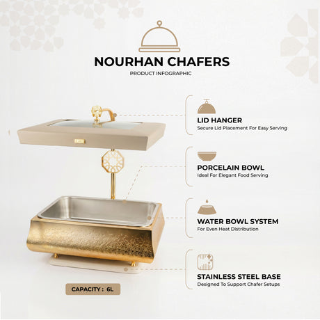 Nourhan -  6L Premium Rectangular Chafer - Gold & Beige