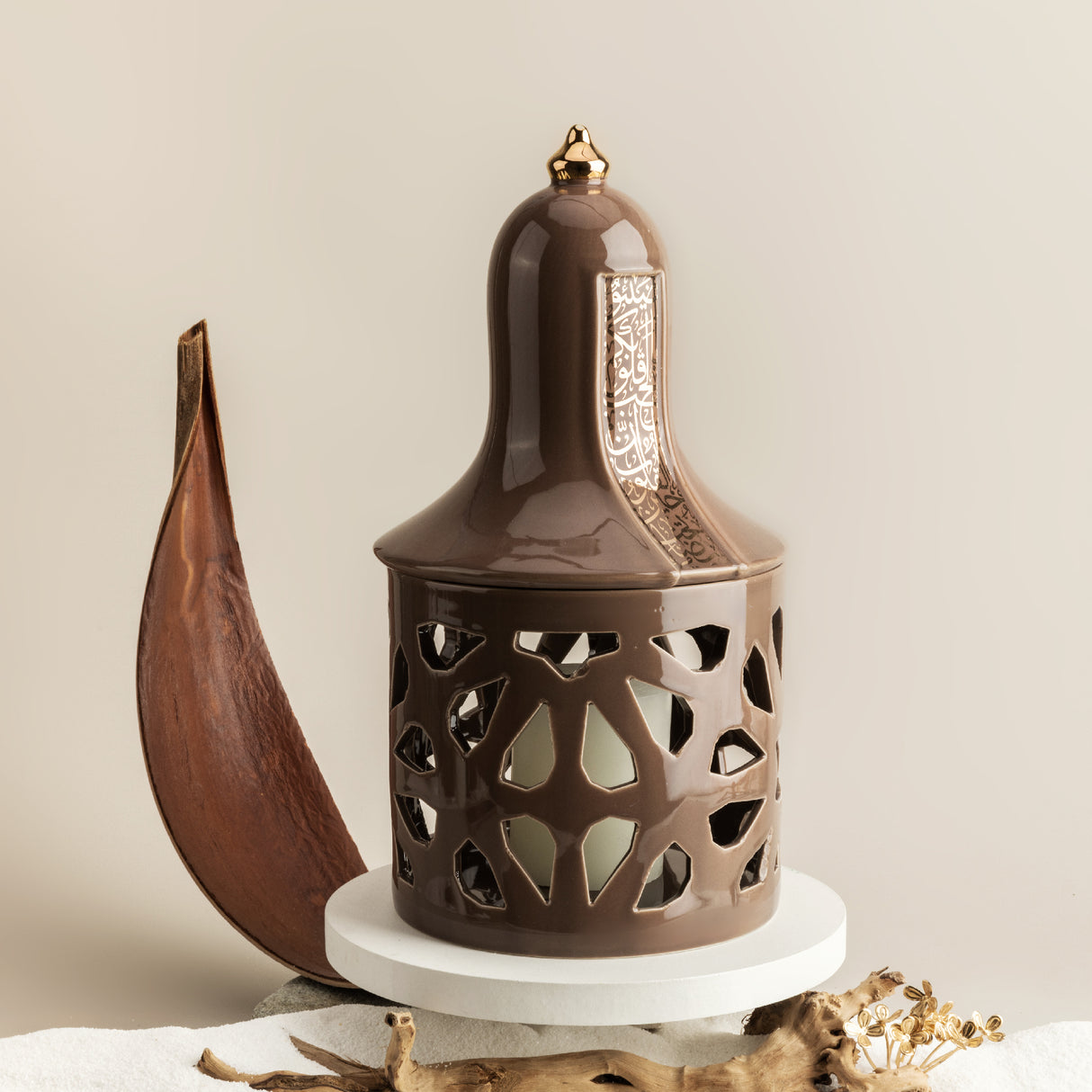Luxury Noor - Portavelas tipo farol grande - Marrón y dorado