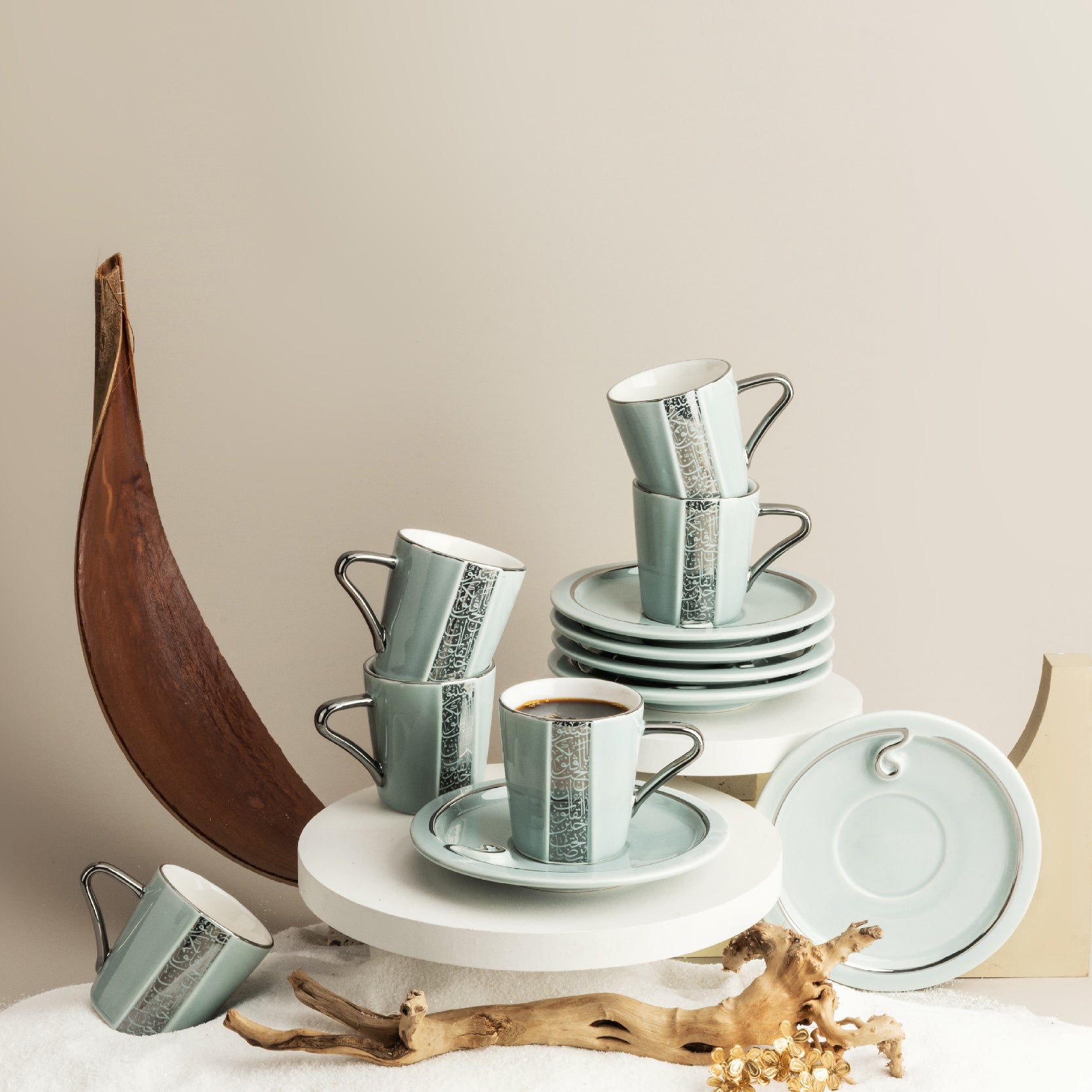 Luxury Noor - Cappuccino Coffee Set (12-Pc) - Blue & Silver