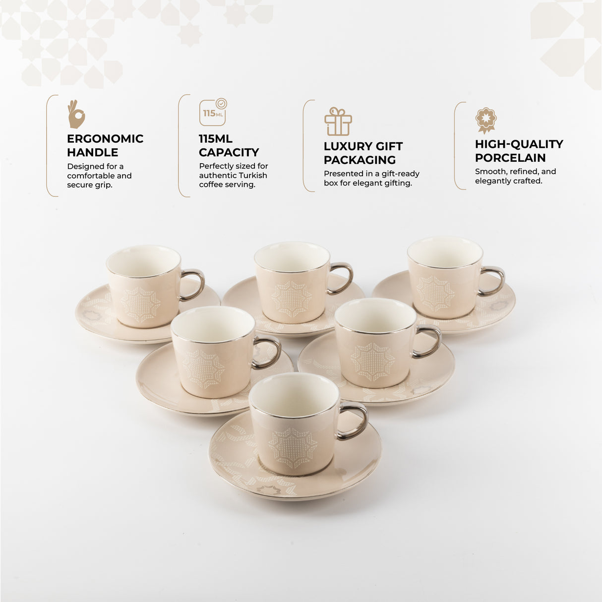 Octara - Espresso/Turkish Coffee Set (12-Pc)- Beige & Silver