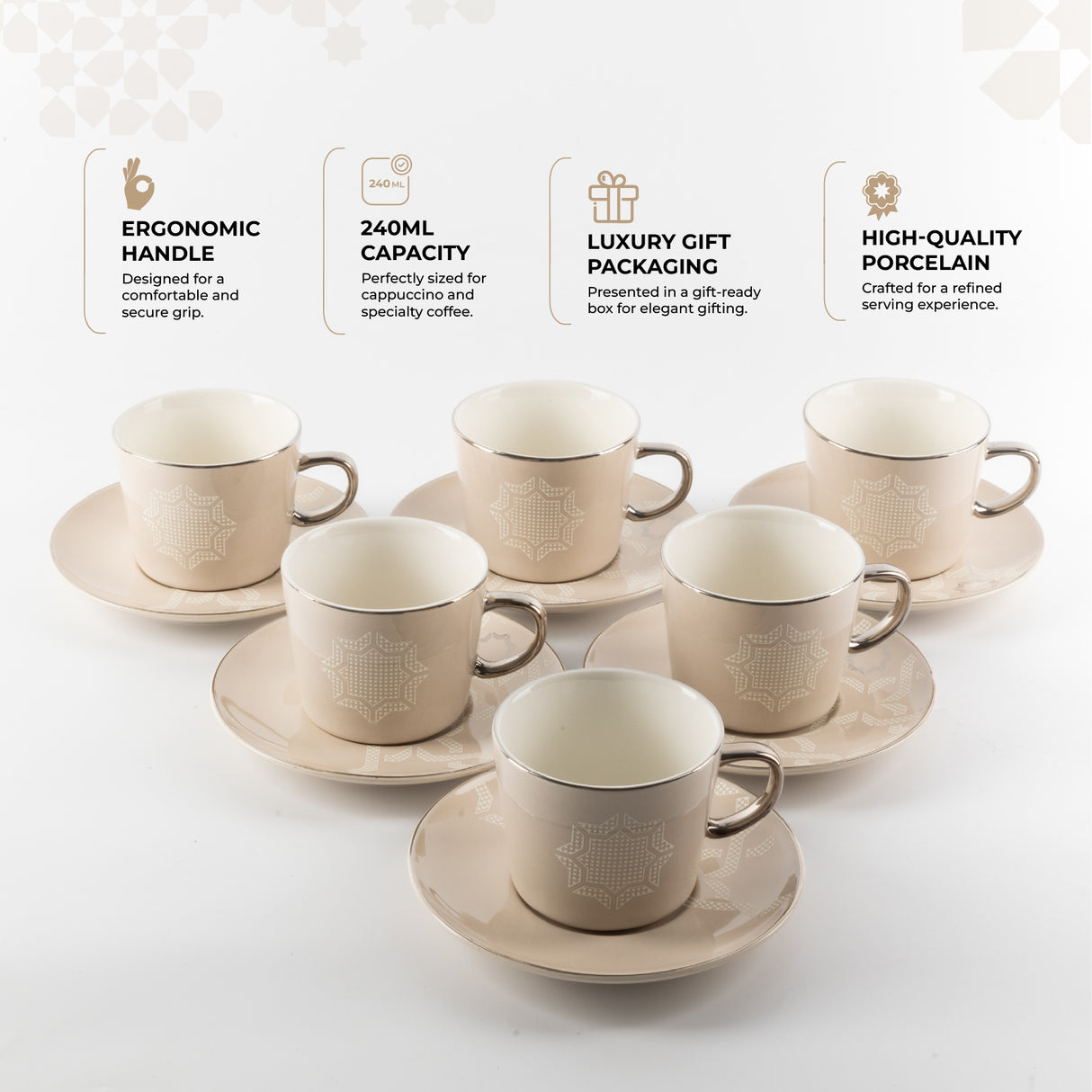 Octara - Cappuccino Set (12-Pc) - Beige & Silver