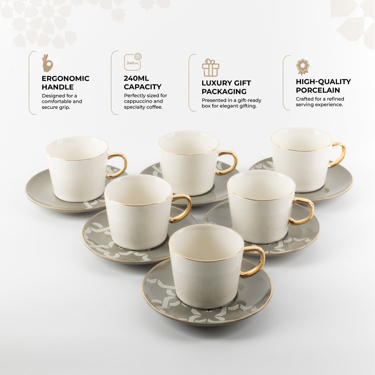 Octara - Cappuccino Set (12-Pc) - Grey & Gold