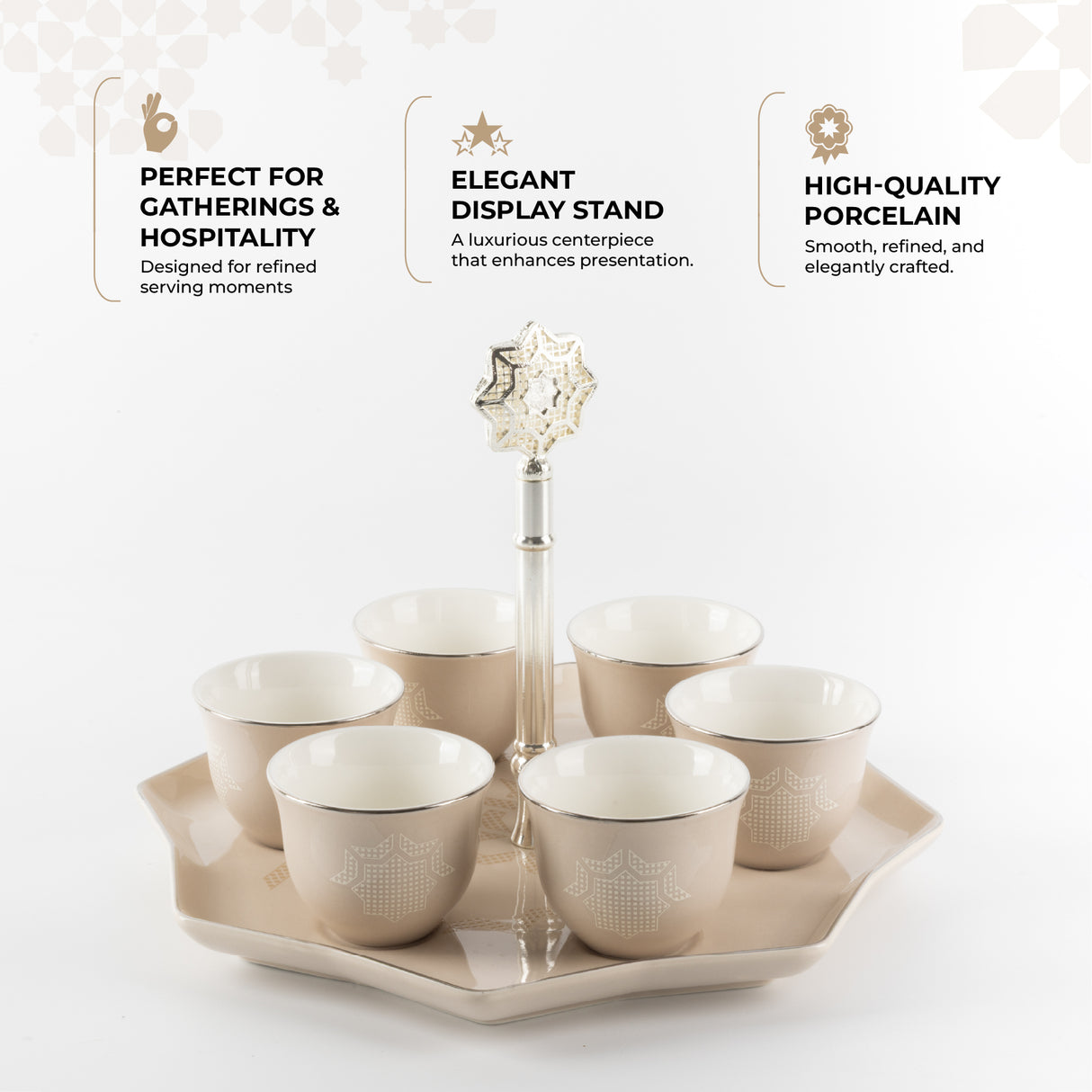 Octara - Arabic Coffee Cups With Holder - Beige & Silver