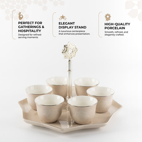 Octara - Arabic Coffee Cups With Holder - Beige & Silver
