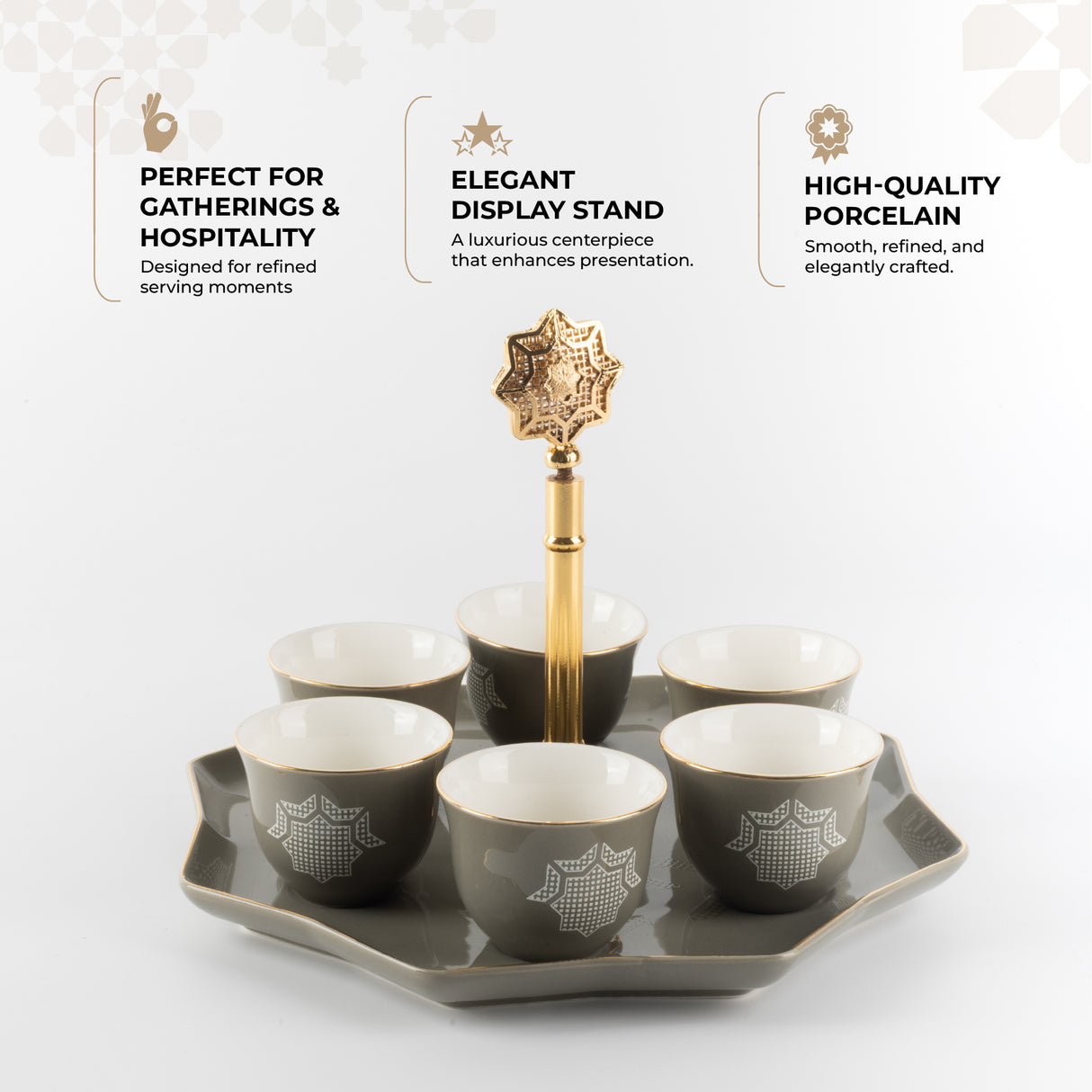 Octara - Arabic Coffee Cups With Holder - Grey & Gold
