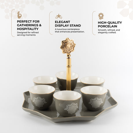 Octara - Arabic Coffee Cups With Holder - Grey & Gold