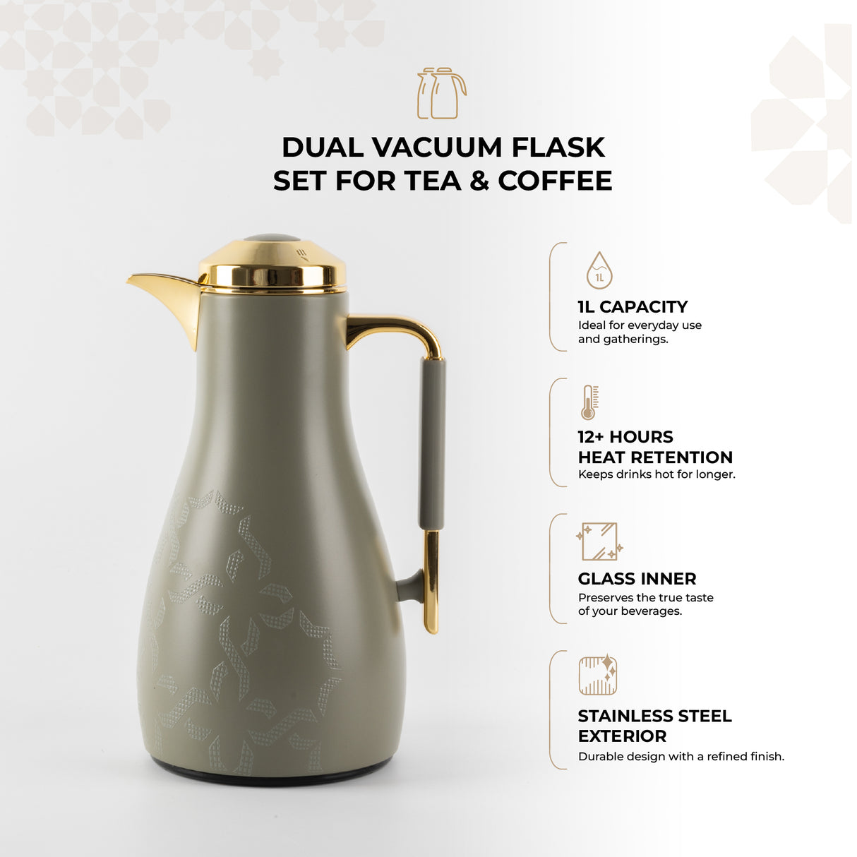 Octara - Vacuum Flask / Thermos (Set of 2)- Grey & Gold