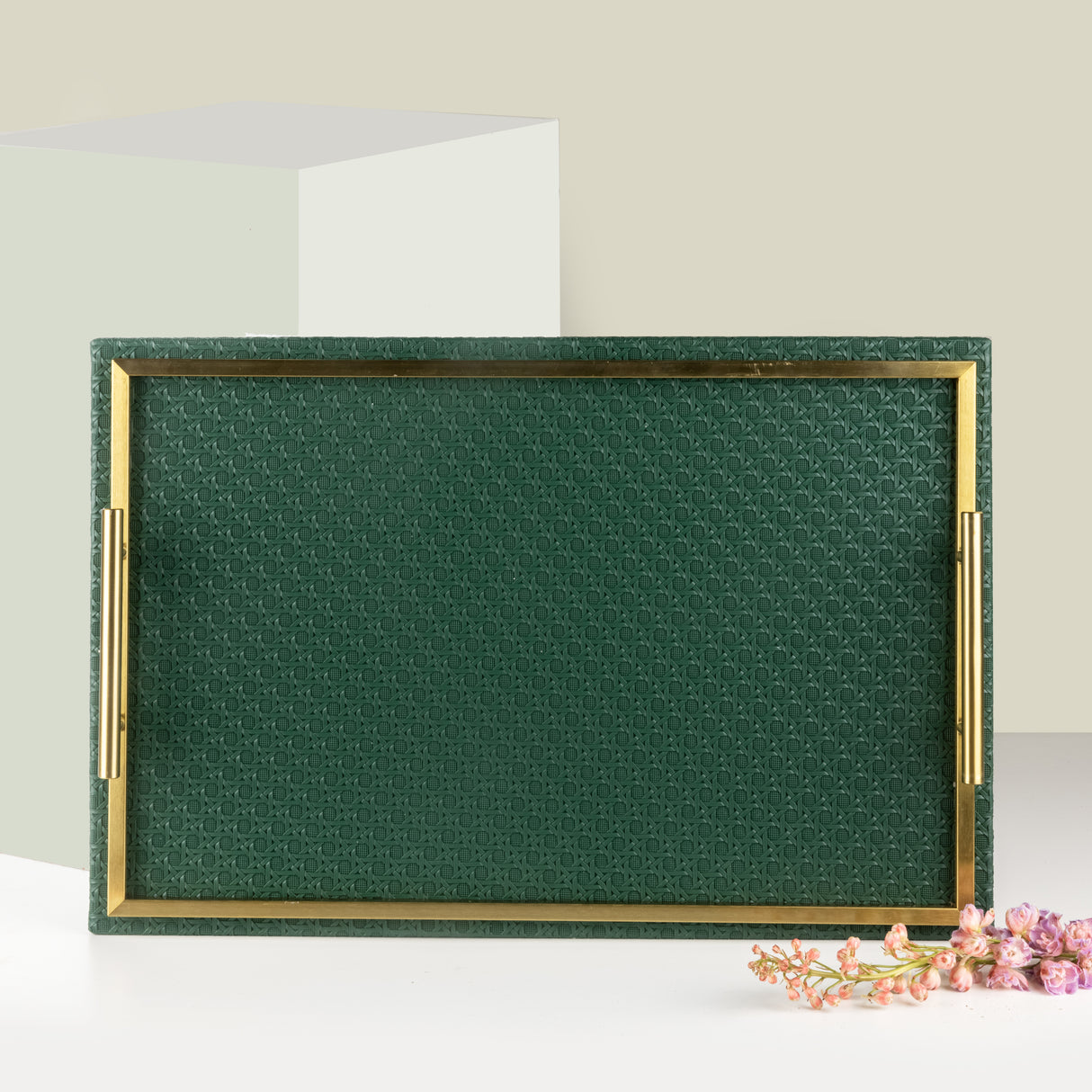 Rattan- Bandeja de servicio de cuero- Verde y oro