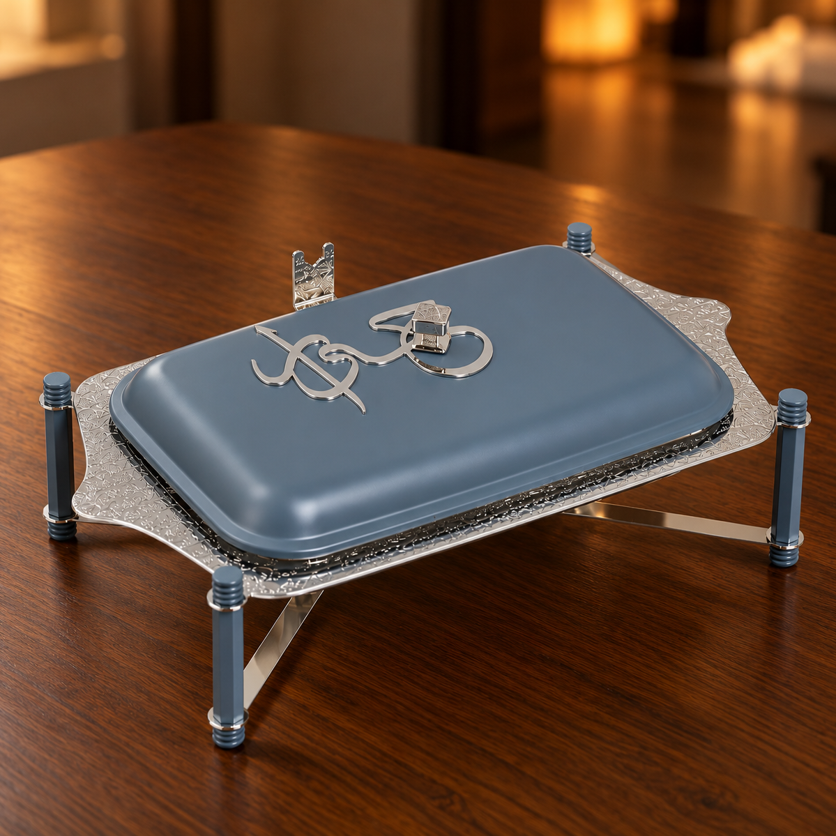Jiwar - Medium Twin Candle Pyrex Chafer - Haze Blue & Silver