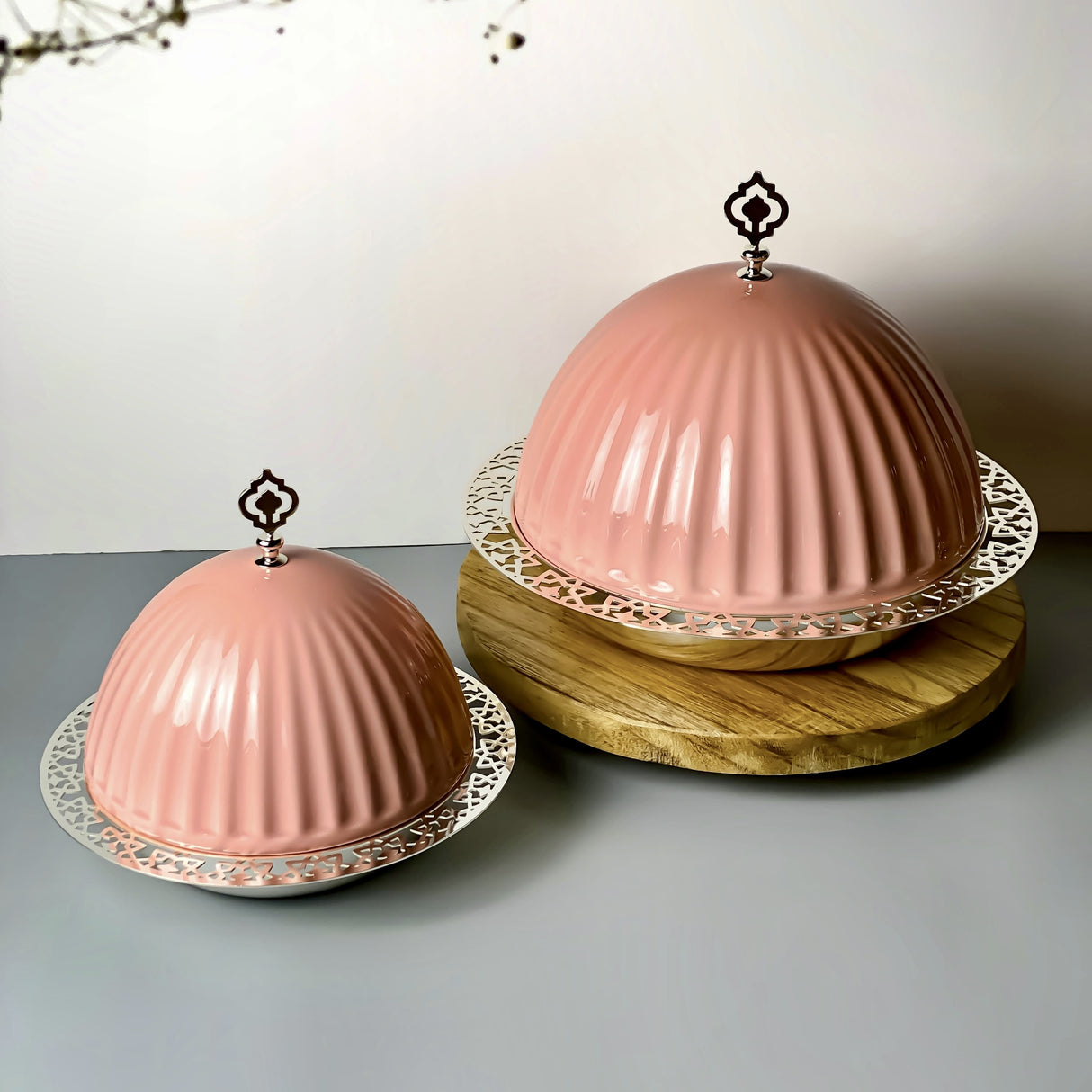 Exclusive - Medium Serving Platter with Porcelain Dome- Pink & Silver