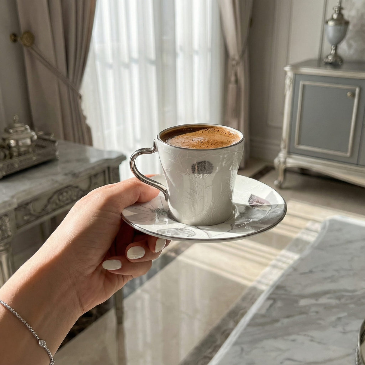 Marisella - Cappuccino Set (12-Pc) - Grey & Silver