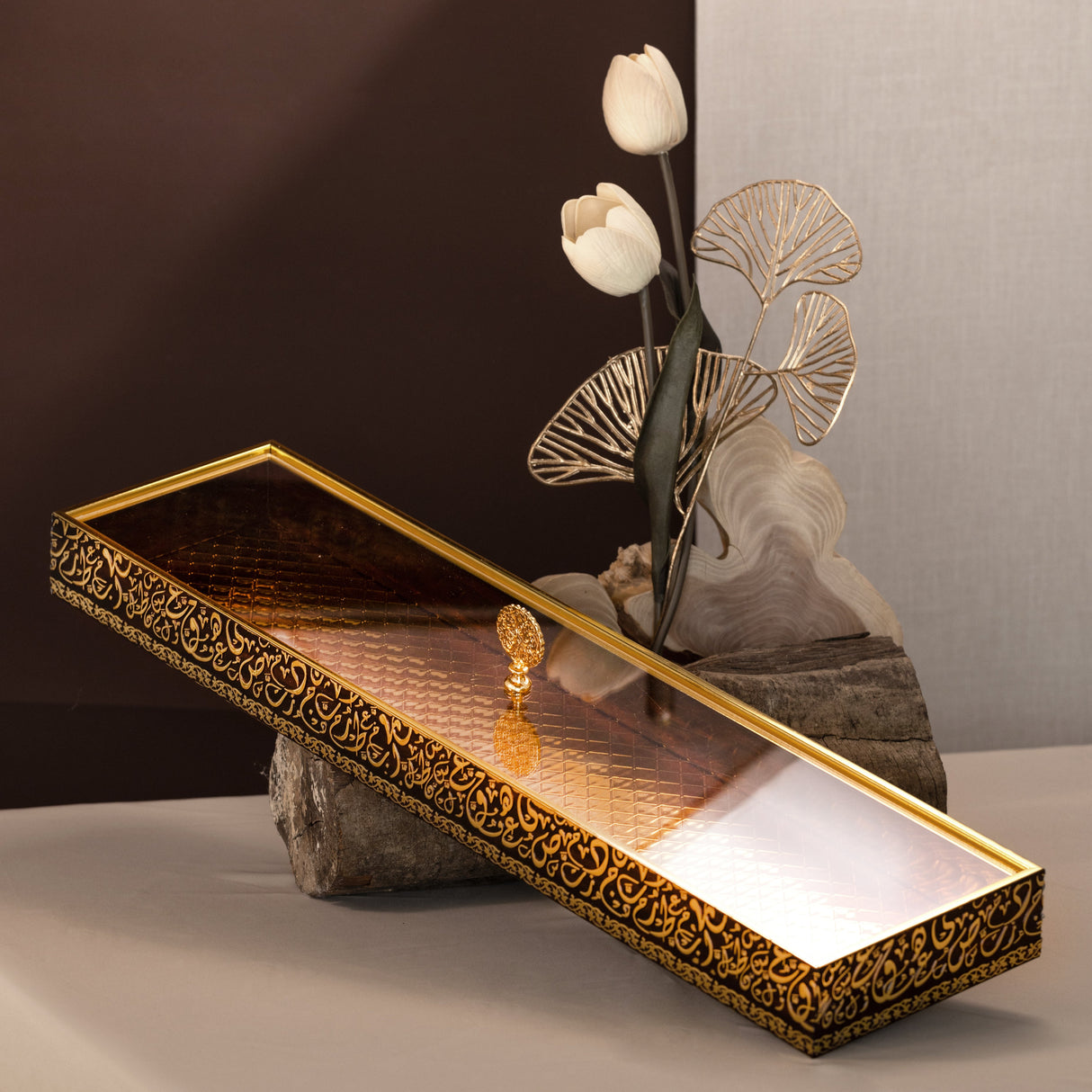 Noir Elegance 24" Slim Bamboo Tray– Taupe & Gold