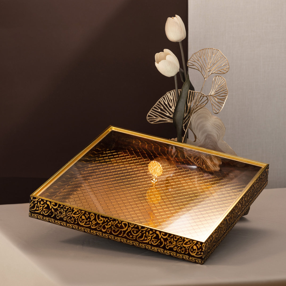 Noir Elegance 16" Grand Bamboo Tray – Taupe & Gold