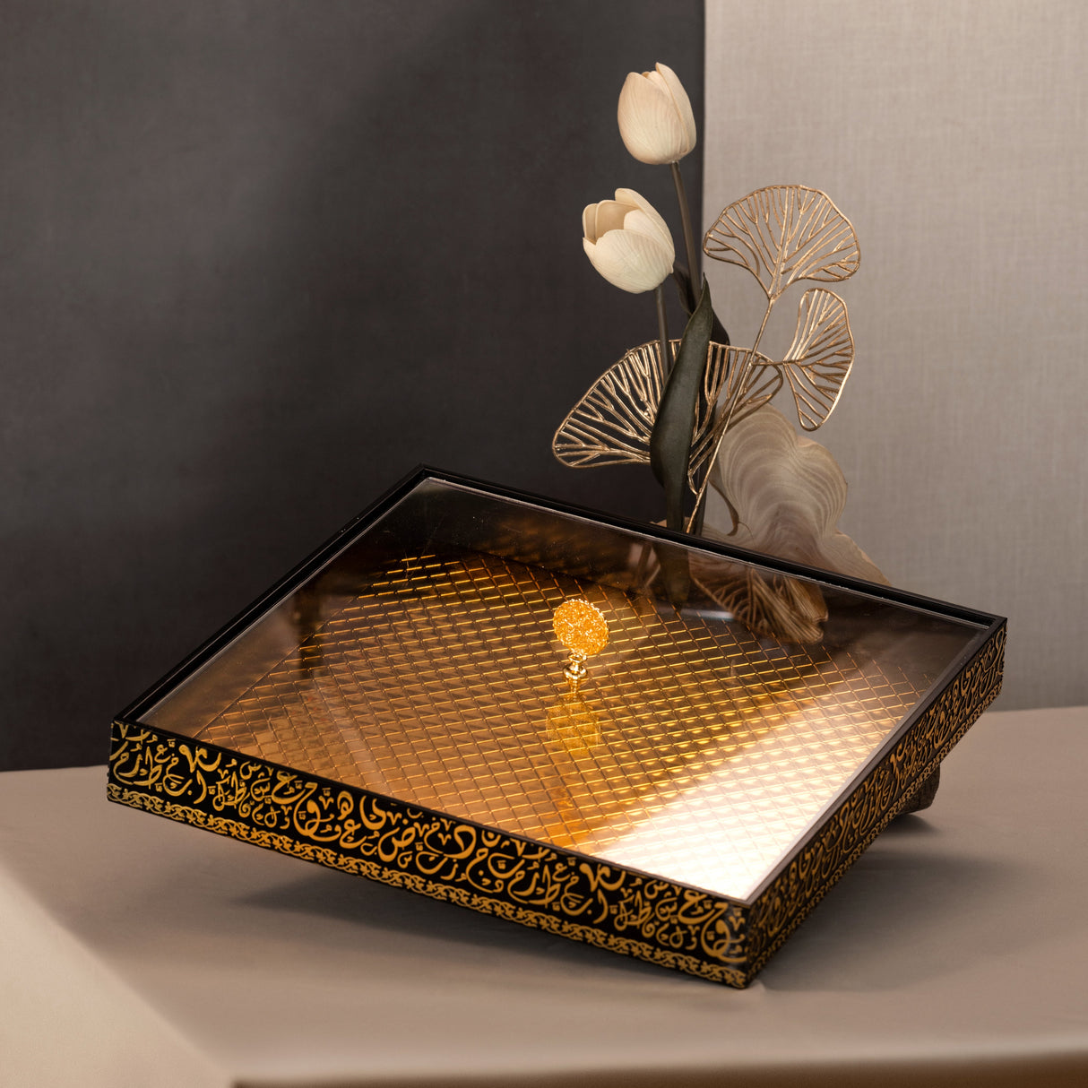 Royal Ember 15" Square Bamboo Tray – Black & Gold