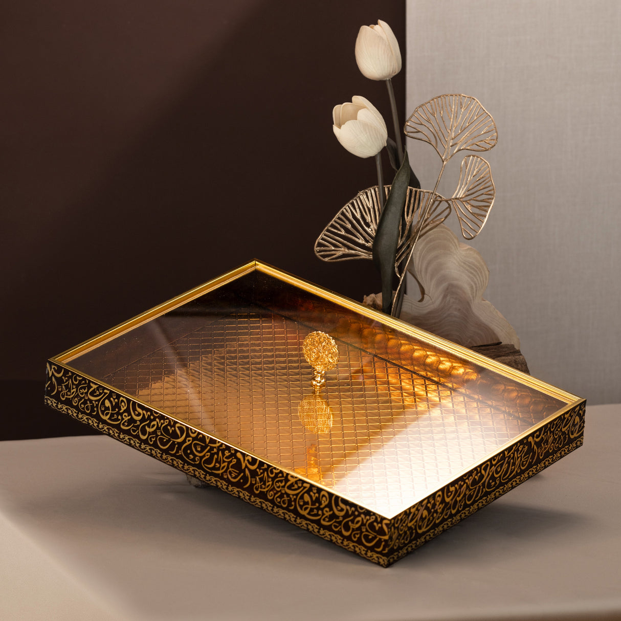 Royal Ember 15" Square Bamboo Tray – Taupe & Gold