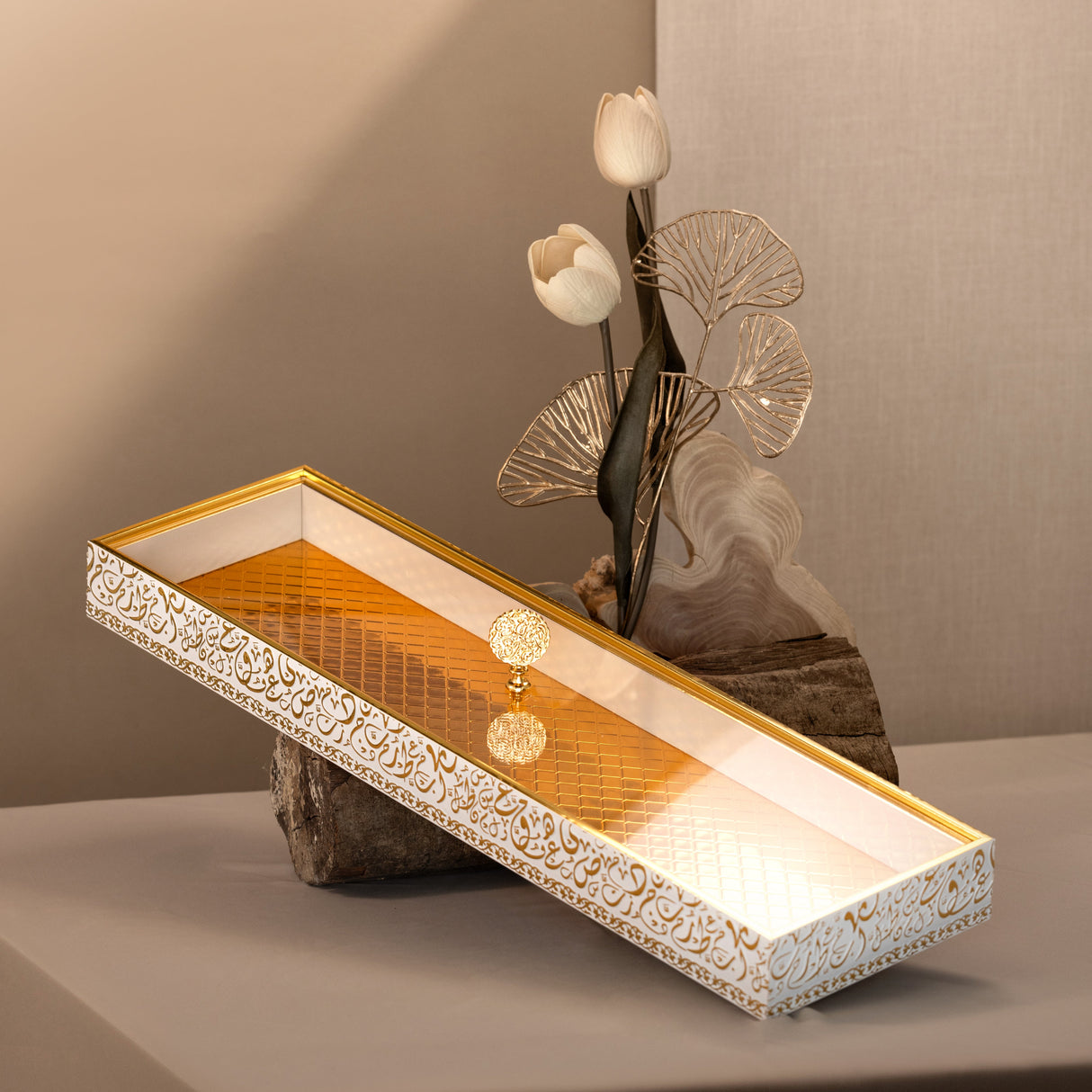 Noir Elegance 22" Slim Bamboo Tray  – White & Gold